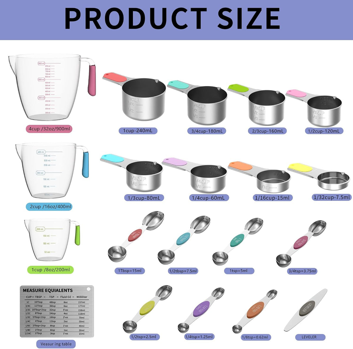 Juego de tazas y cucharas medidoras magnéticas de acero inoxidable para cocinar y hornear, 3 tazas medidoras de plástico, 5 tazas medidoras magnéticas, 7 cucharas medidoras magnéticas, 1