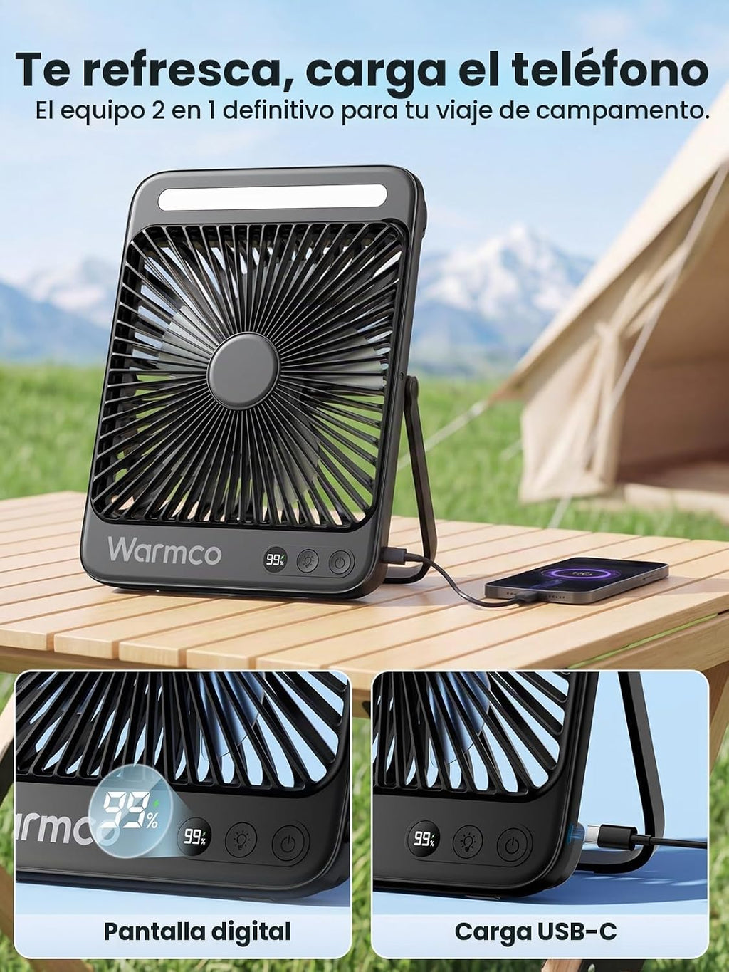 Warmco D4 - Ventilador de camping con batería de 20000 mAh, lintern...