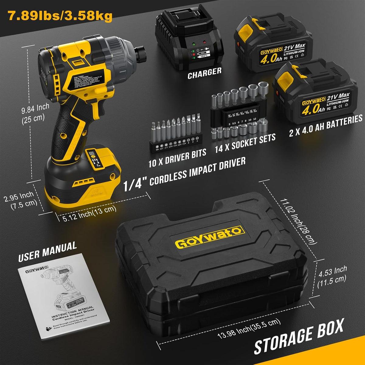 Controlador de impacto inalámbrico 2655 lb-in (300 N·m) - 21 V 1/4" Portabrocas hexagonal controlador de impacto manual sin escobillas con 2 baterías de 4.0 Ah y cargador y juego de 14