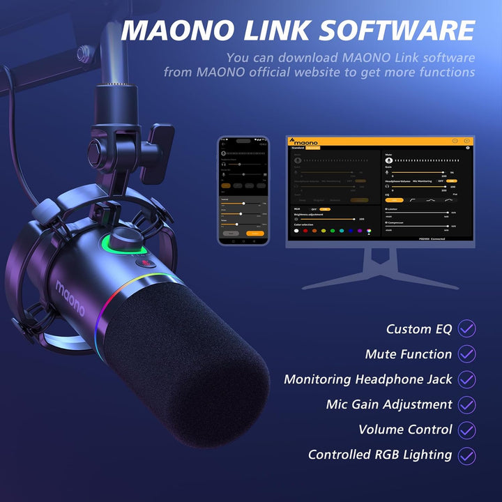 MAONO Kit de micrófono dinámico XLR\/USB, micrófono podcast RGB con...