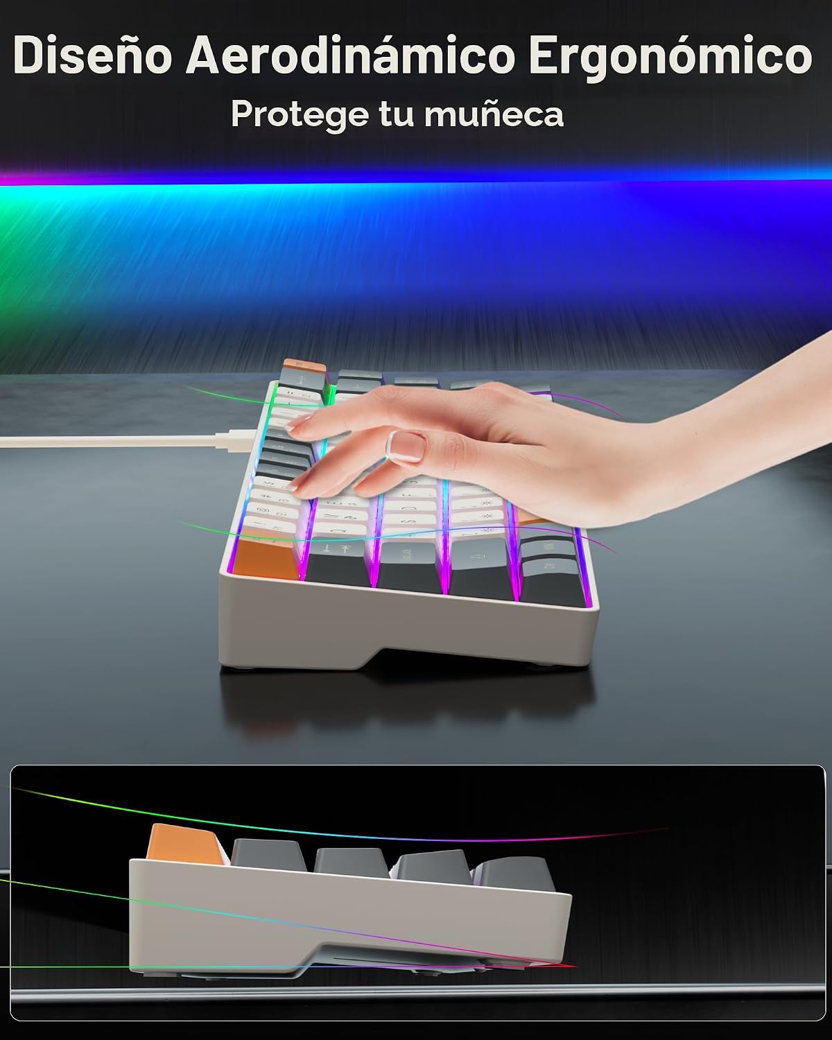 CORBOBO Teclado 60%, teclado para juegos retroiluminado RGB con cab...