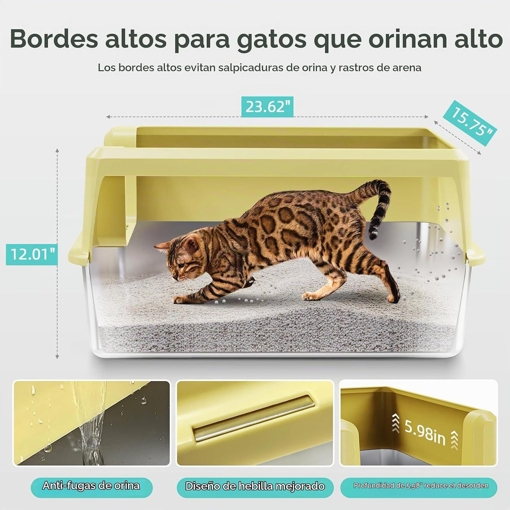 Caja de arena de acero inoxidable con lado alto, caja de arena extragrande XXL para gatos grandes y múltiples gatos, antiadherente, sin fugas de orina, bandeja de arena para gatos fácil de limpiar
