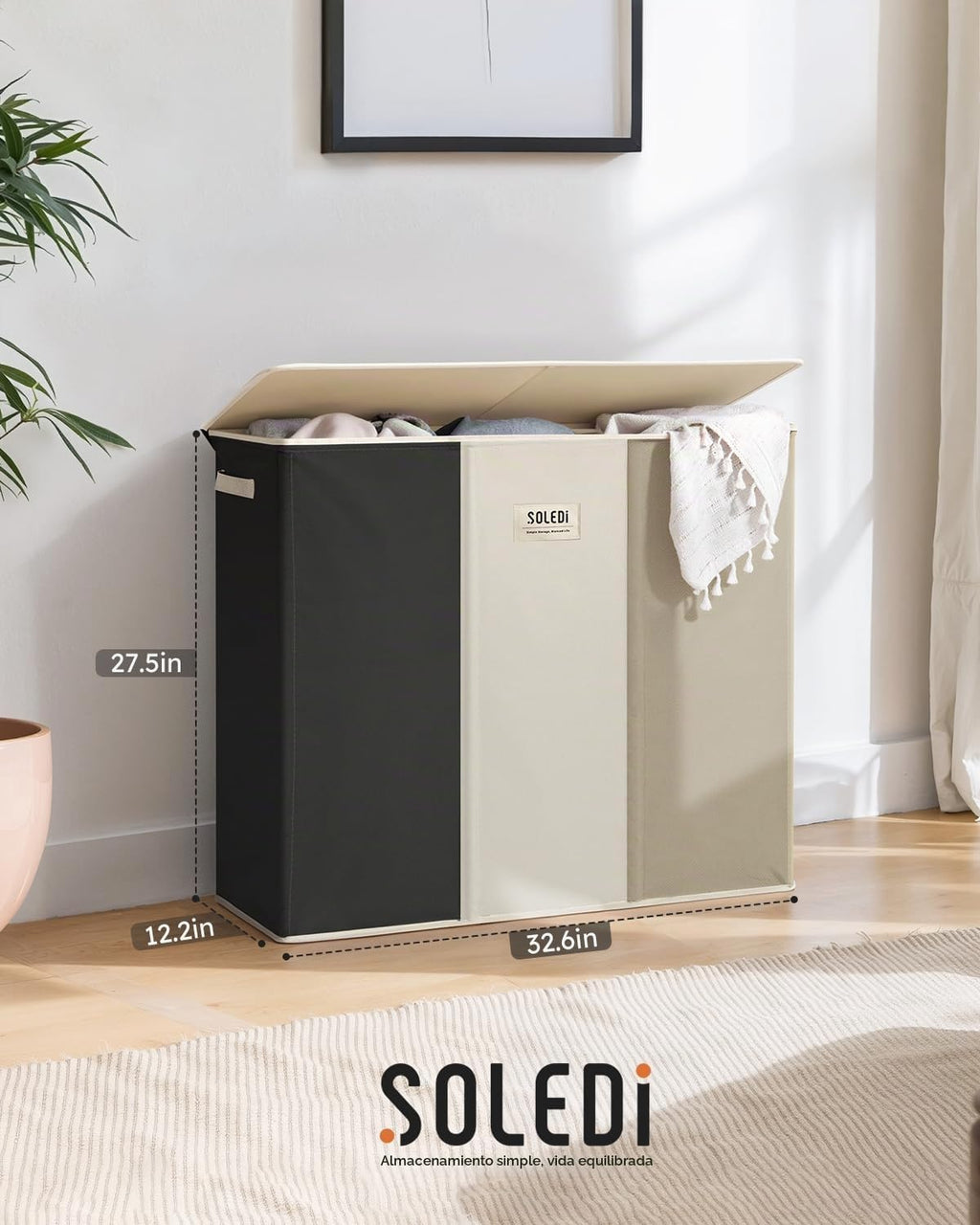SOLEDI Cesta de lavandería de 3 secciones de 180L con tapa, cesta de ropa sucia extragrande con asas resistentes para lavandería y dormitorio, organizador duradero para clasificar la ropa sucia
