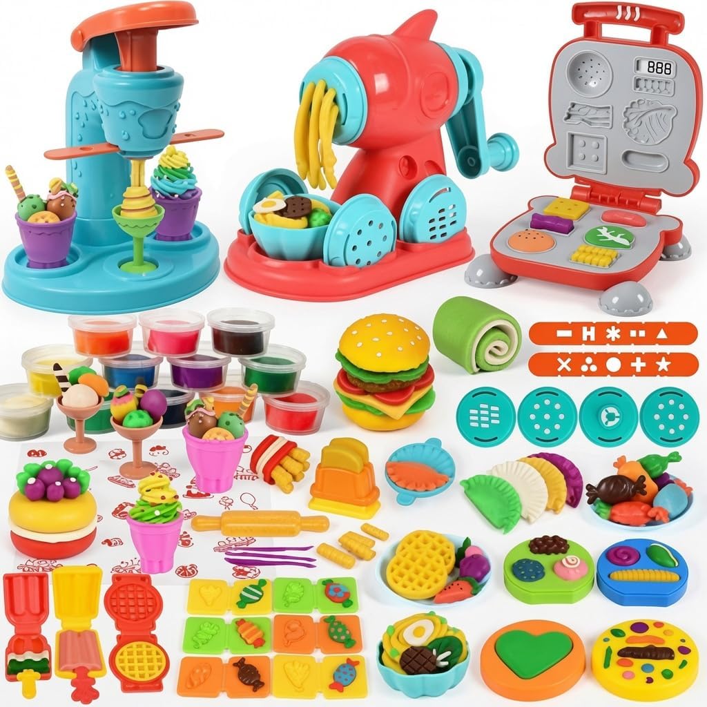 Clayo Juego de creaciones de cocina de lujo todo en uno para niños, máquina de helados, fideos y hamburguesas, kit de juego de comida de arcilla para modelar más de 40 piezas | Juguetes de masa