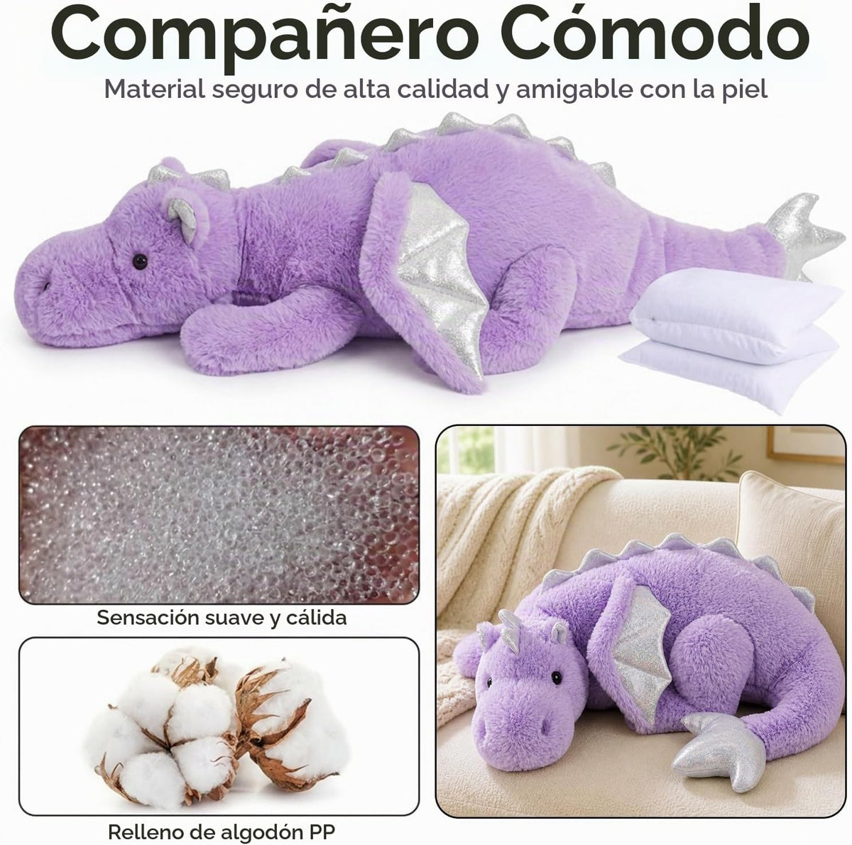 ARELUX - Peluche gigante de dragón alado con peso, animal de peluche suave de 35.4 pulgadas, 5 libras, para mayor comodidad, peluche de dinosaurio de pterosaurio con relleno con peso no extraíble