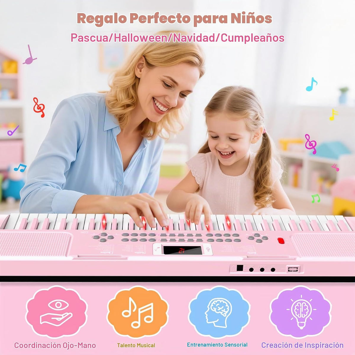 Teclado de piano para niños de 61 teclas con teclas iluminadas, modo de enseñanza, altavoz dual
