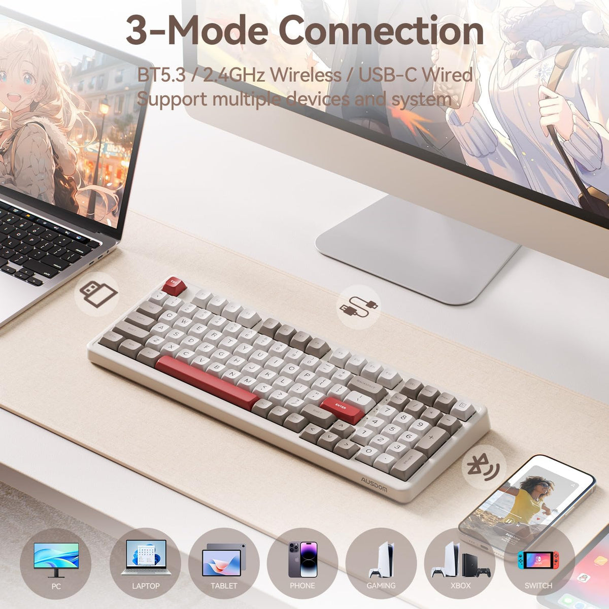 AUSDOM Teclado mecánico inalámbrico Bluetooth H98, BT5.3\/Type-C\/2...