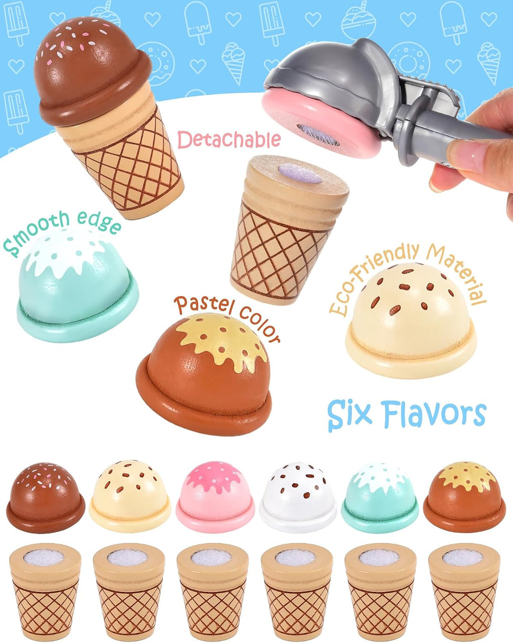 Juguetes de helado de madera para niños, tienda de juegos de cocina para niños pequeños, accesorios de cocina con cucharada, menú y dinero falso, juguetes de madera para cumpleaños de niños y niñas de 3, 4, 5 años