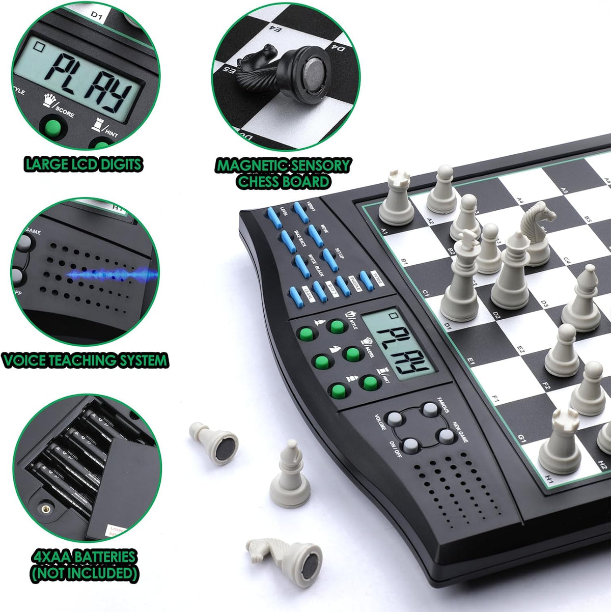 Tablero de ajedrez electrónico Talking Chess Academy, tablero de ajedrez inteligente con sistema de enseñanza de voz, juego de ajedrez para computadora con piezas magnéticas fuertes, 1-2 jugadores, juego de ajedrez electrónico - Viaje portátil simple