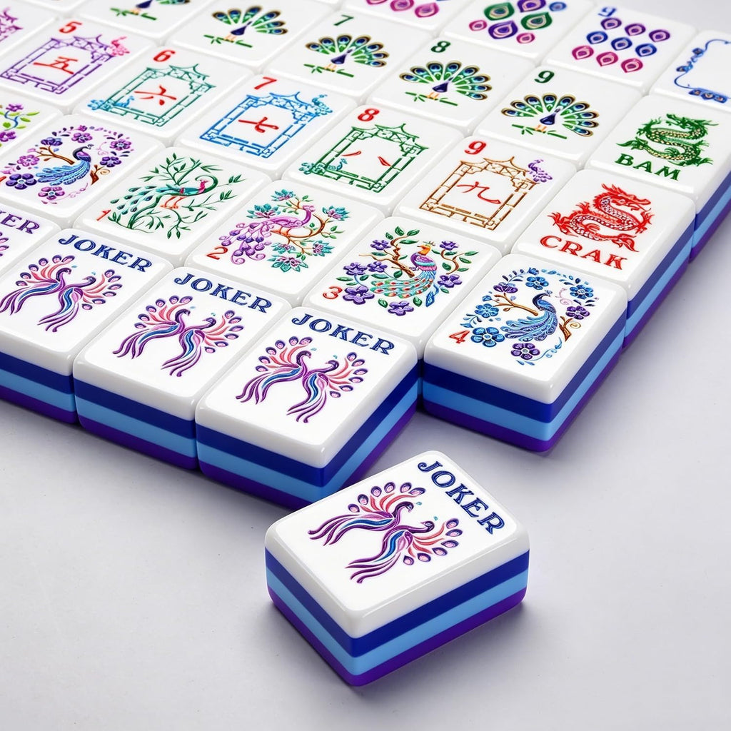 Peacock American Mahjong Set, 160 innovadores azulejos de Mahjong de diseño único, colorido juego de mahjong tallado acrílico de 4 capas