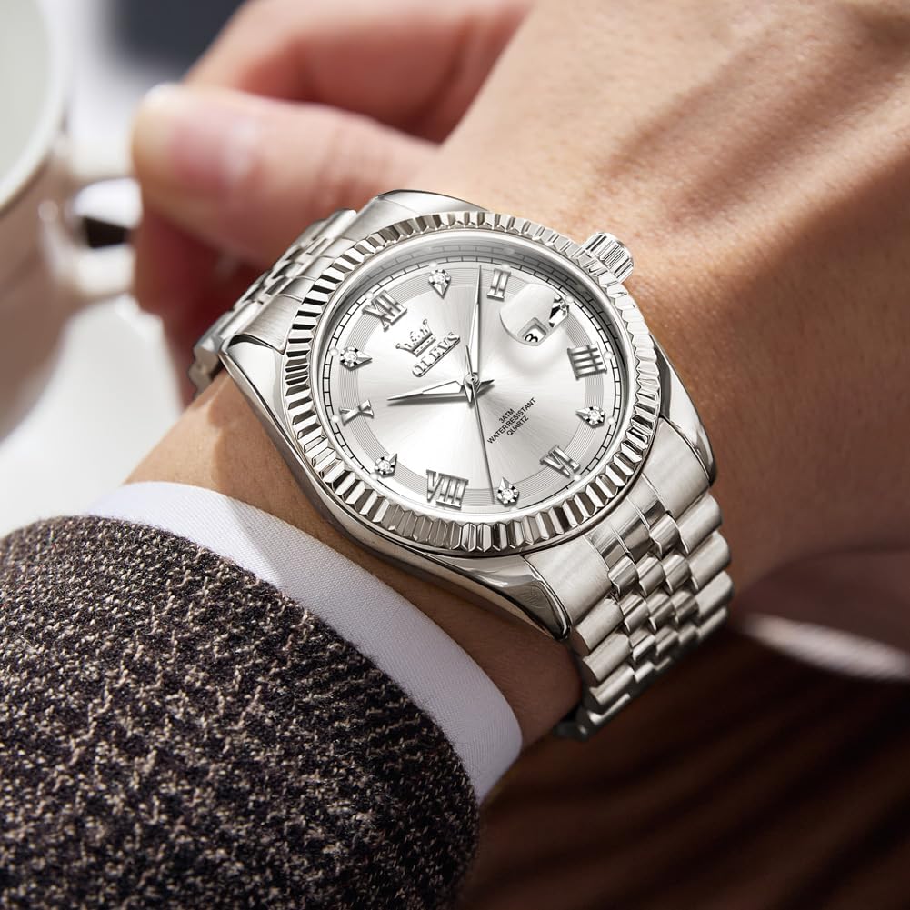 OLEVS Reloj Clásico para Hombre Diamante Analógico Lujo Acero Inoxidable a Dos Tonos Resistente al Agua con Fecha Luminous para Hombres