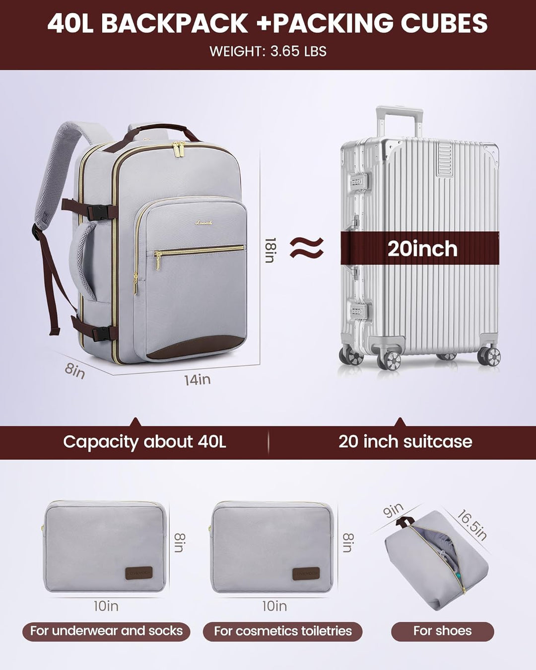 LOVEVOOK Mochila de viaje para mujeres y hombres, 40L, aprobada por...