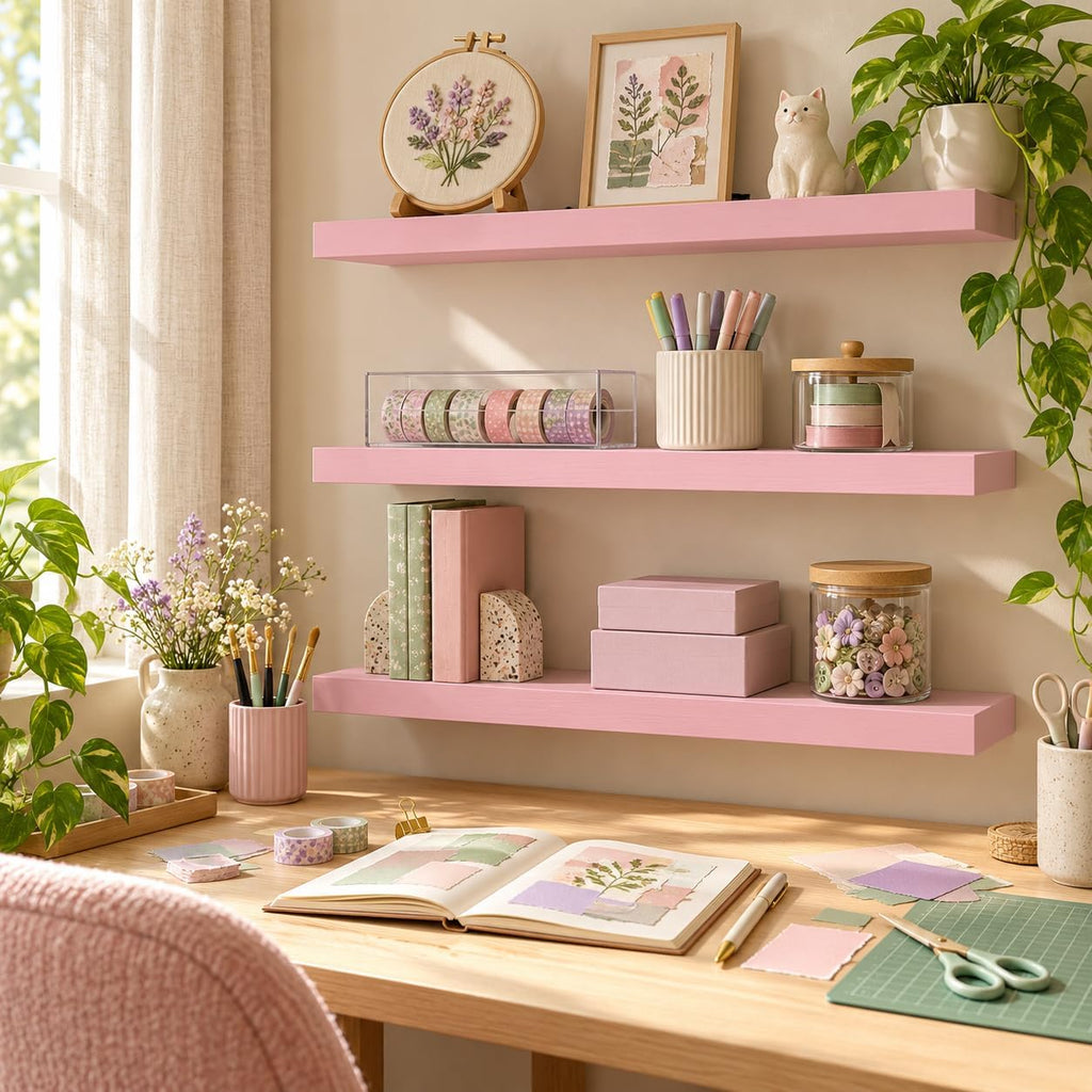 BAYKA Estantes Flotantes Rosados de 22.5 pulg., Juego de 3, Montados en la Pared para Decoración de Pared