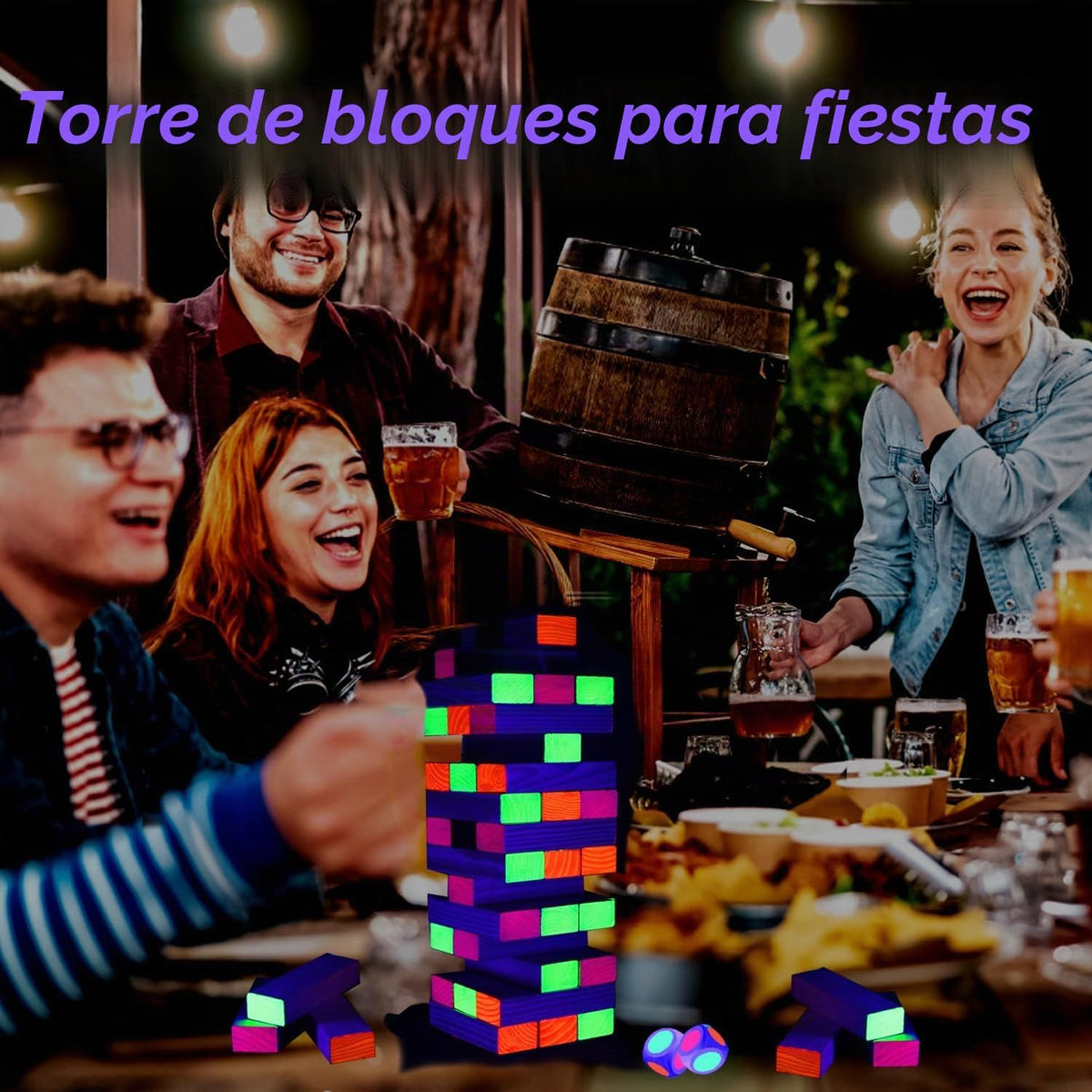 Lámpara Ahuimeius Juego de mesa Glow Tumble Tower de 54 piezas, torre que brilla en la luz negra, juego de mesa para interiores y exteriores para adultos para noche de juegos familiares