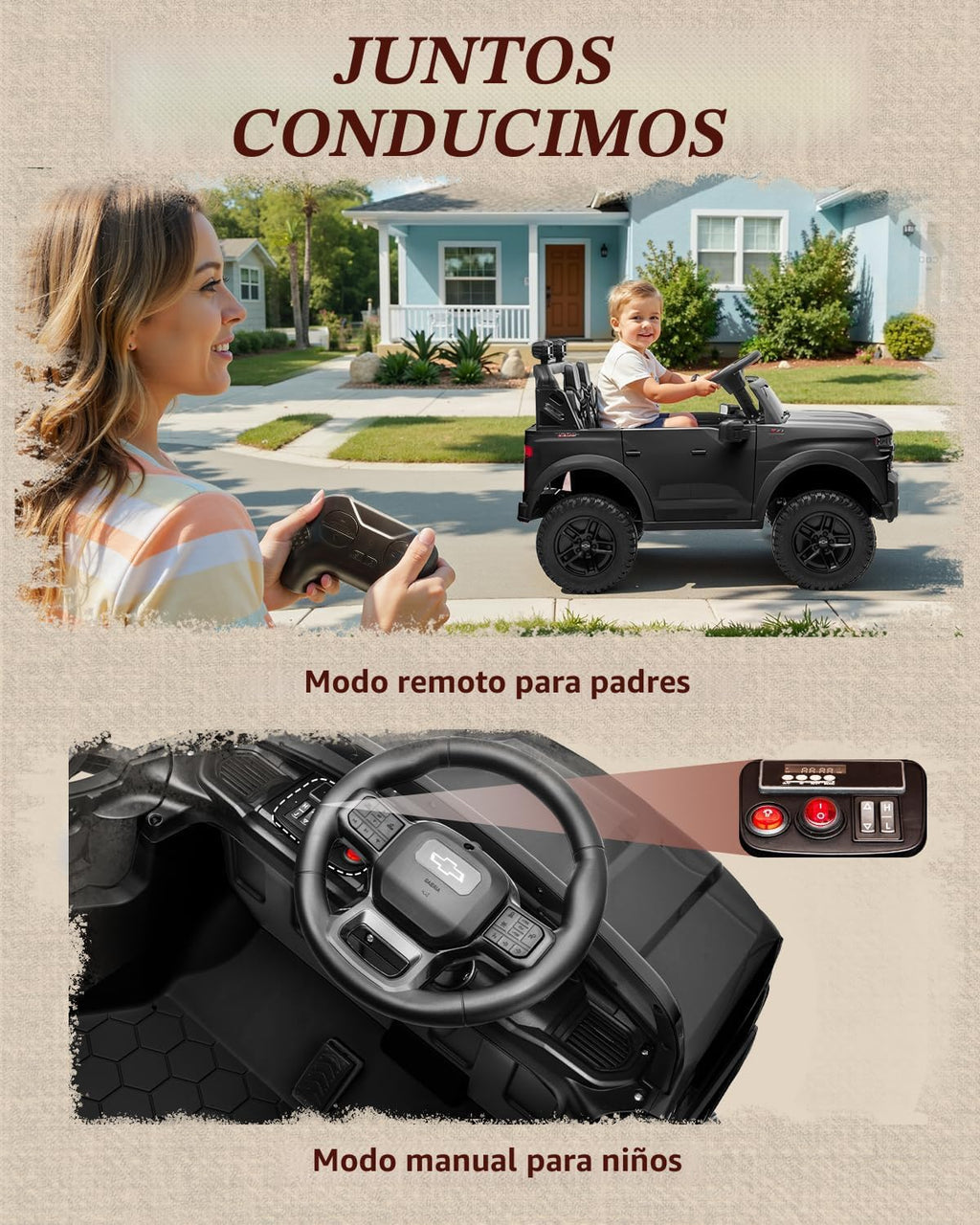 First Ride On Juguetes de 24 V y 2 plazas con licencia Chevrolet Silverado, vehículo eléctrico con control remoto y cinturones de seguridad, camión eléctrico con maletero, Bluetooth y luces LED (negro)