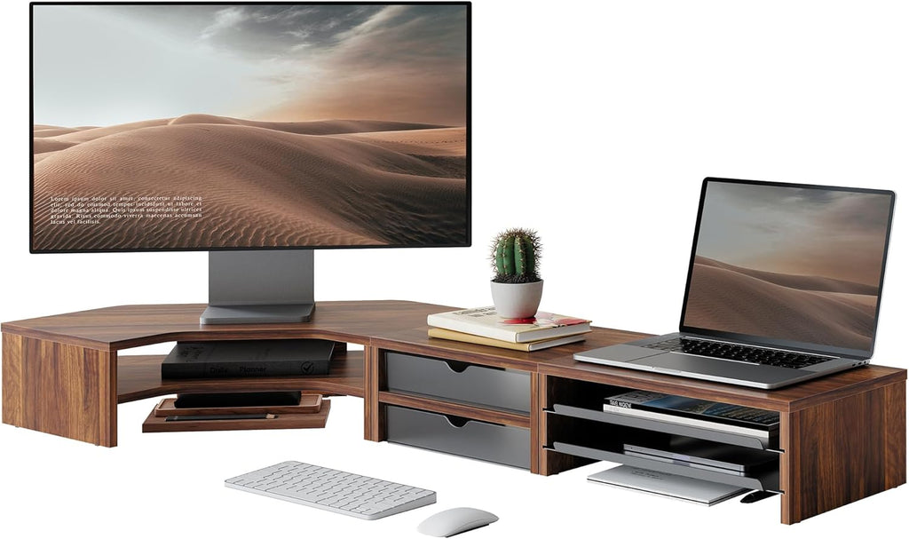Fenge Soporte para monitor doble, estante de escritorio de esquina con
