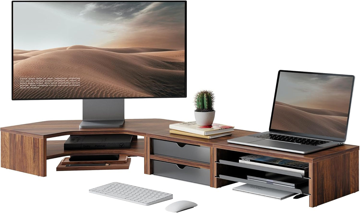 Fenge Soporte para monitor doble, estante de escritorio de esquina con
