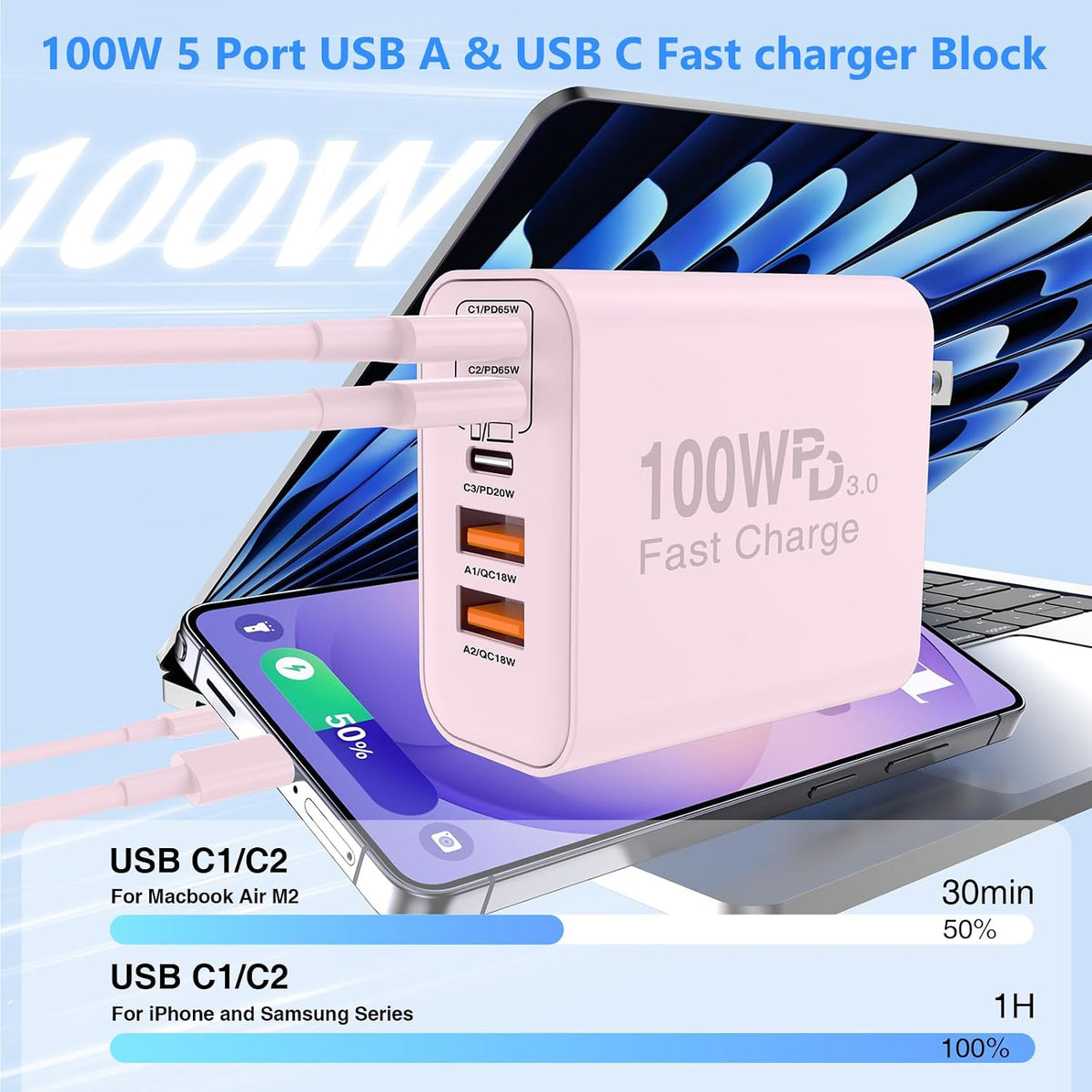 QZIIW Bloque de cargador rápido de pared USB C, bloque de carga rápida de 100 W, 5 puertos tipo C, paquete de 3 adaptadores de cargador de alimentación PD QC 3.0 USB multipuerto para iPhone 17 16