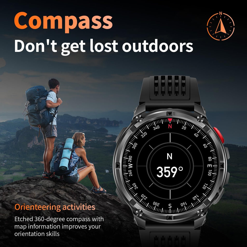 Reloj inteligente para hombre para teléfonos Android y iPhone, relojes inteligentes deportivos militares para hombres, reloj de seguimiento de actividad física con linterna/brújula/impermeable/batería