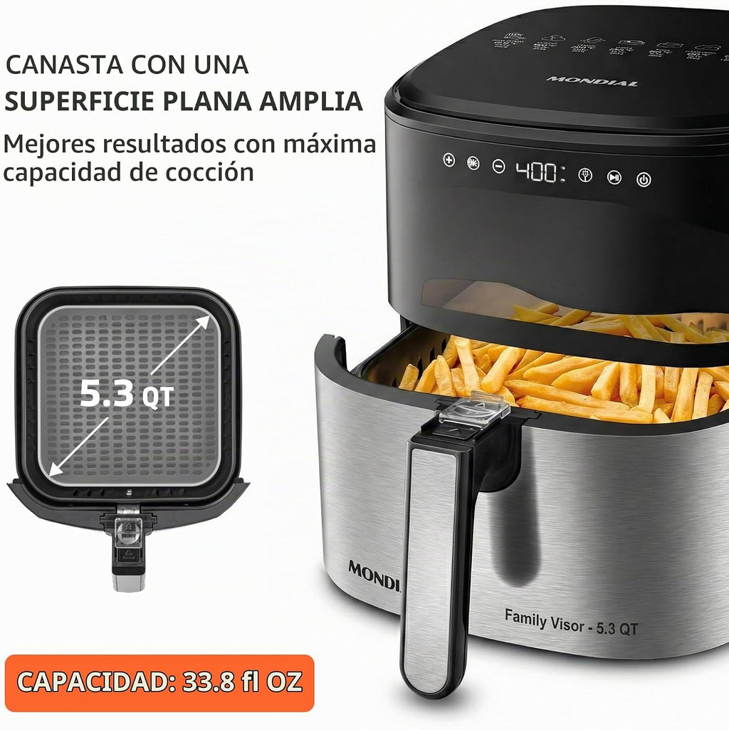 Mondial Air Fryer Digital 5.3 litros (5.3QT) - Freidora eléctrica con pantalla y acabado de acero inoxidable - 1800W - Negro