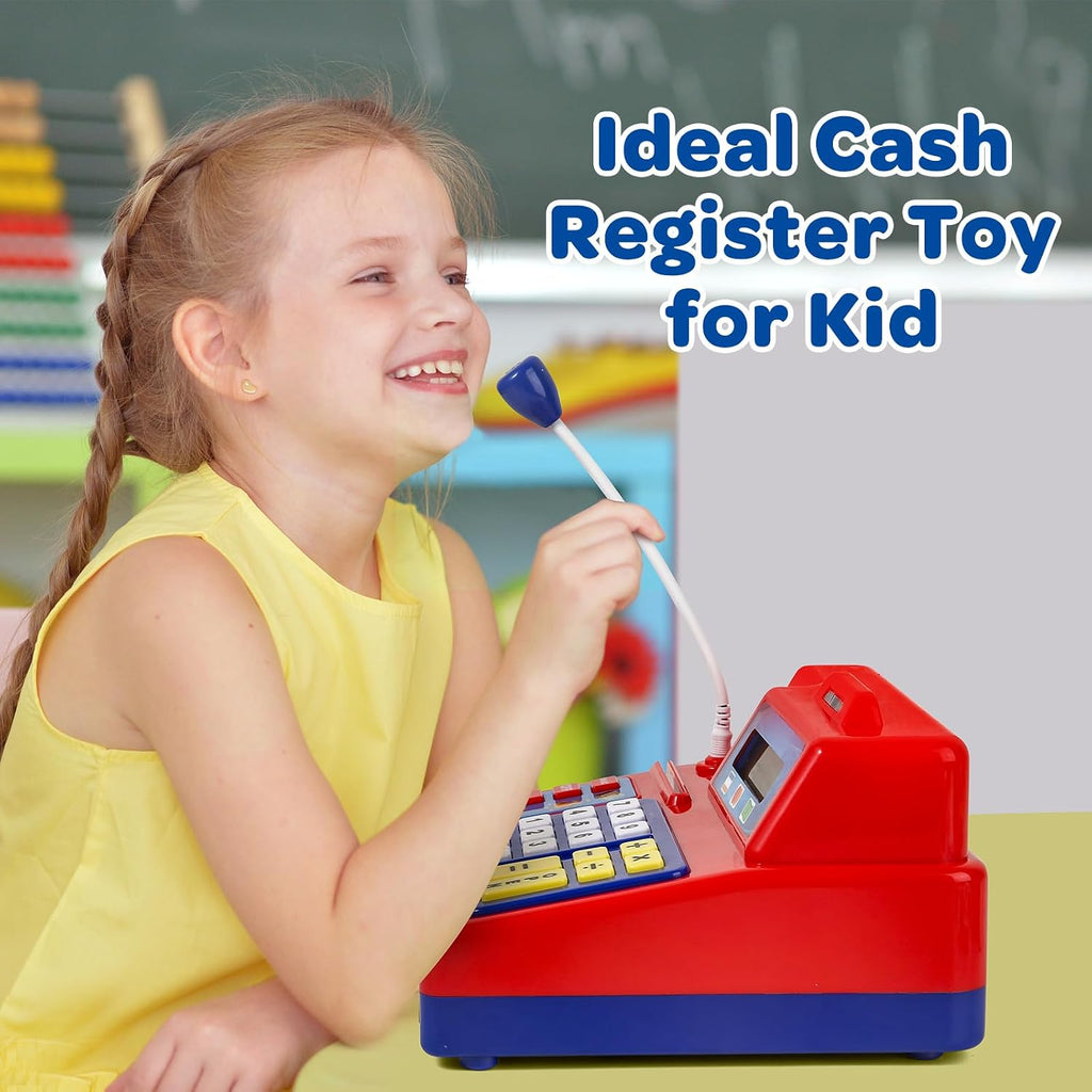 Calculadora de caja registradora de juguete de regalo para niños de 3, 4, 5, 6, 7, 8+ años, juego de 120 piezas de tienda de comestibles con micrófono, cajas de comestibles, tarjeta de crédito, caja registradora roja para niños pequeños de 4 a 8 años