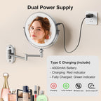 Espejo de maquillaje iluminado de pared de 9 pulgadas, espejo de aumento de doble cara recargable de 4000 mAh 1X/10X con luz, 3 luces de color, regulable al tacto, espejo de maquillaje montado en la pared con brazo extendido de rotación de 360 grados