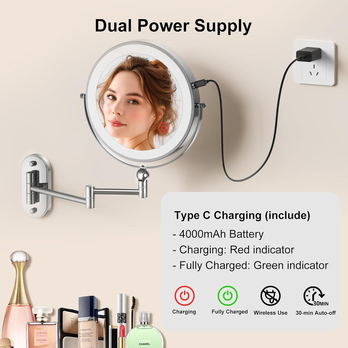 Espejo de maquillaje iluminado de pared de 9 pulgadas, espejo de aumento de doble cara recargable de 4000 mAh 1X/10X con luz, 3 luces de color, regulable al tacto, espejo de maquillaje montado en la pared con brazo extendido de rotación de 360 grados