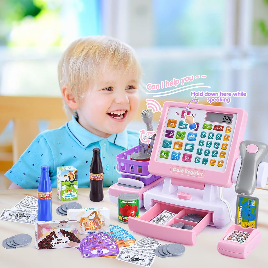 PLAY Caja registradora de juguete para niños - Juguetes de simulación de calculadora con micrófono/transportadores/dinero de juguete/escaner/tarjeta de crédito/latas/bebida, 3+ años. Juguetes