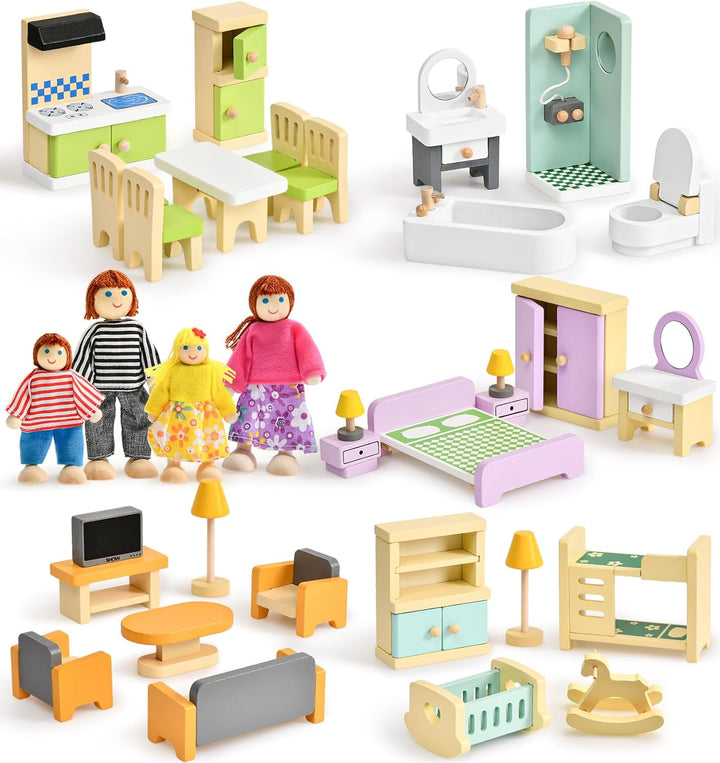 Toyssa Juego de Muebles de Casa de Muñecas de Madera, 36 piezas de...