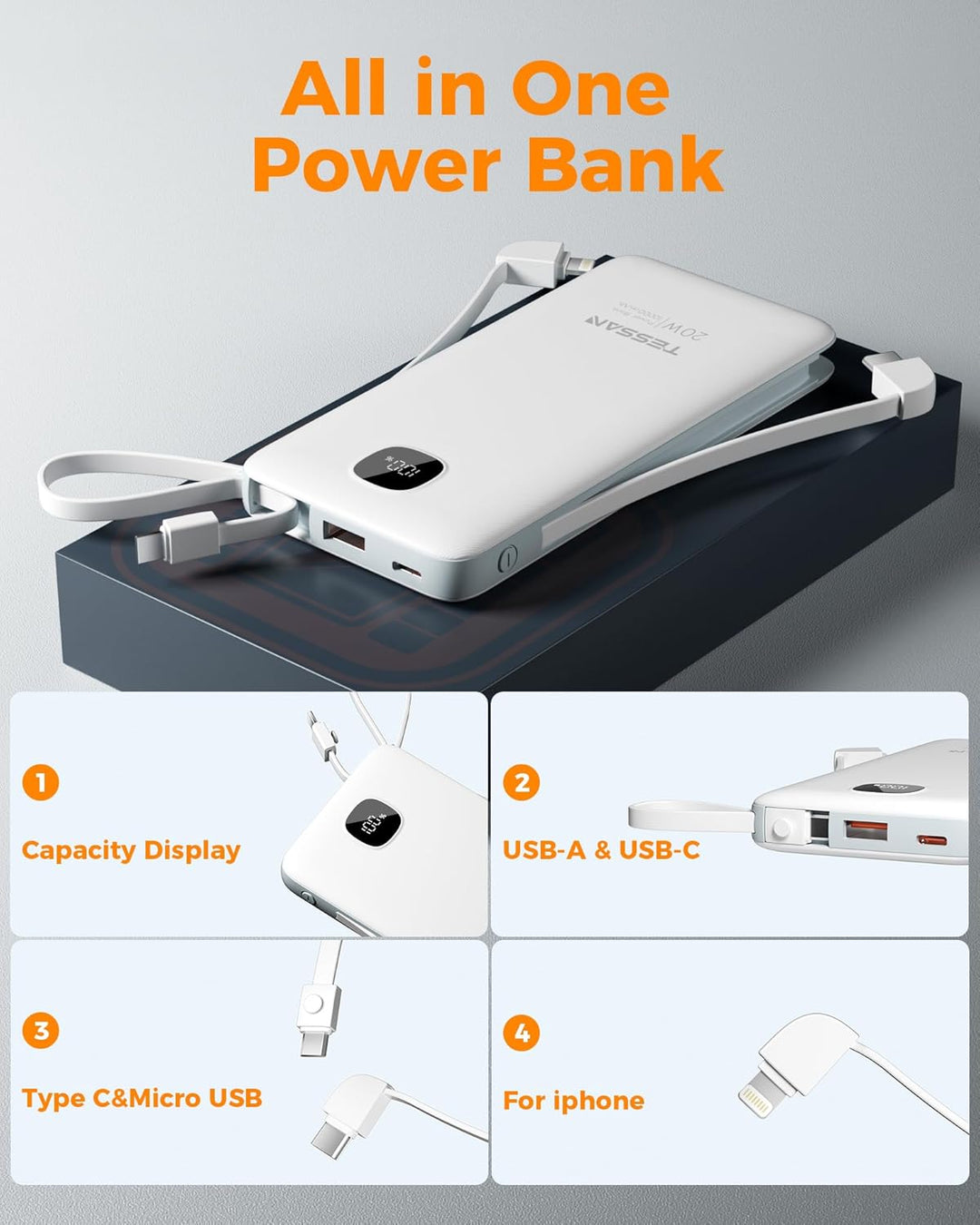 Cargador portátil con cables integrados, cargador de batería TESSAN...