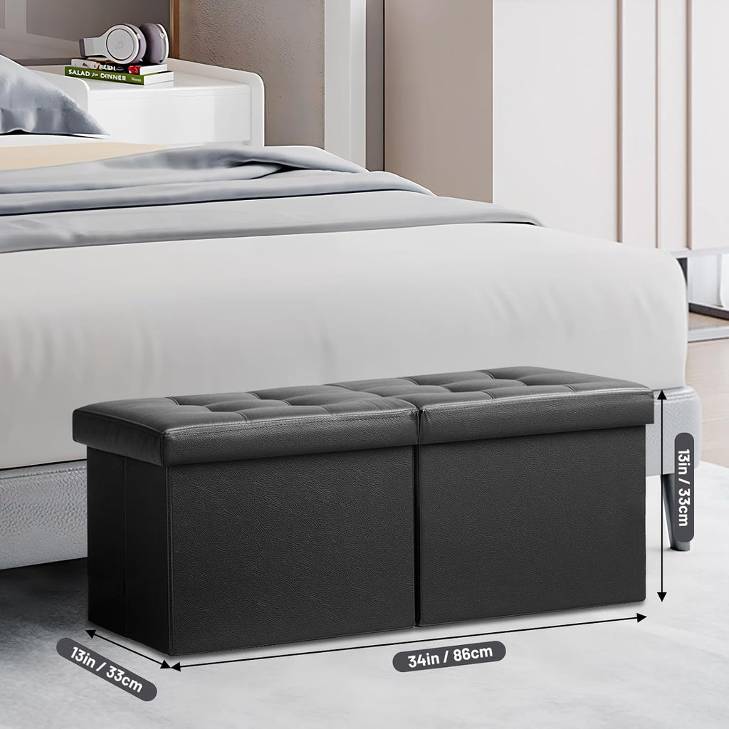 AmasSmile Reposapiés Otomano Banco con Almacenamiento, 34 Pulgadas Reposapiés de Cuero Negro, Mesa de Centro, Asiento Acolchado, Baúl de Almacenamiento, Almacén de Mantas con Tapa Abatible para Sala