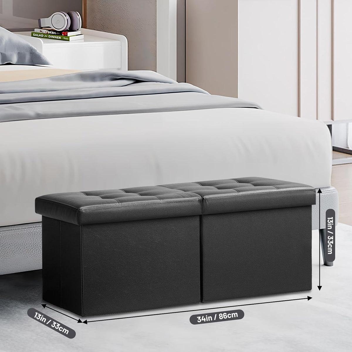 AmasSmile Reposapiés Otomano Banco con Almacenamiento, 34 Pulgadas Reposapiés de Cuero Negro, Mesa de Centro, Asiento Acolchado, Baúl de Almacenamiento, Almacén de Mantas con Tapa Abatible para Sala