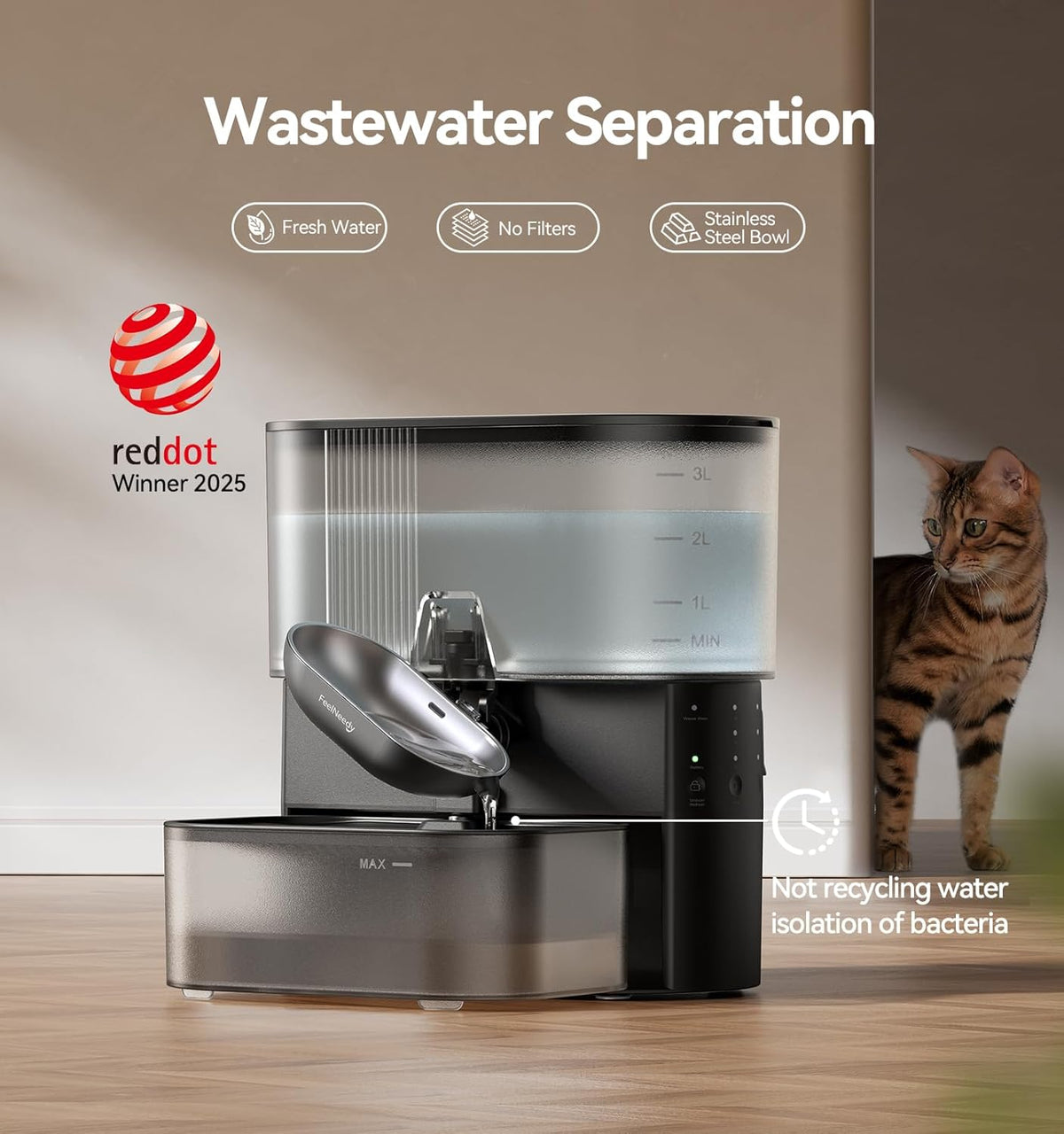 FEELNEEDY - Fuente de agua inalámbrica para gatos, sin filtros, separación de aguas residuales, cuenco de acero inoxidable, fuente de agua para mascotas de 3.5 litros para gatos y perros, dispensador