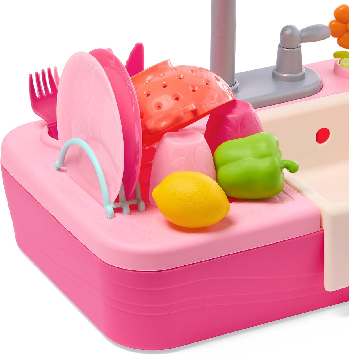 B. toys Splash-n-Scrub Sink, Pink Kitchen Sink Playset, 18-Piece