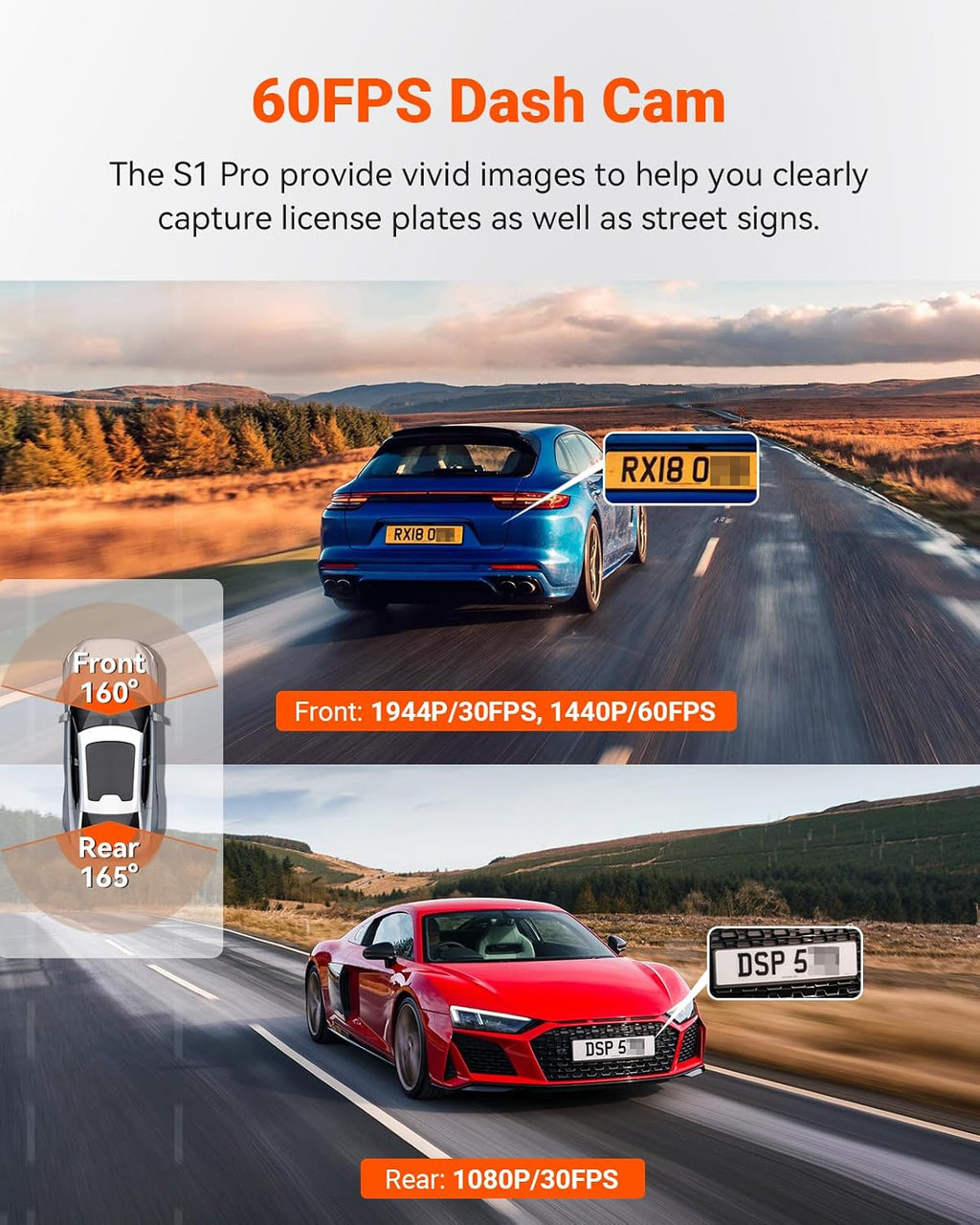 Vantrue Cámara de tablero S1 Pro de 60 fps delantera y trasera