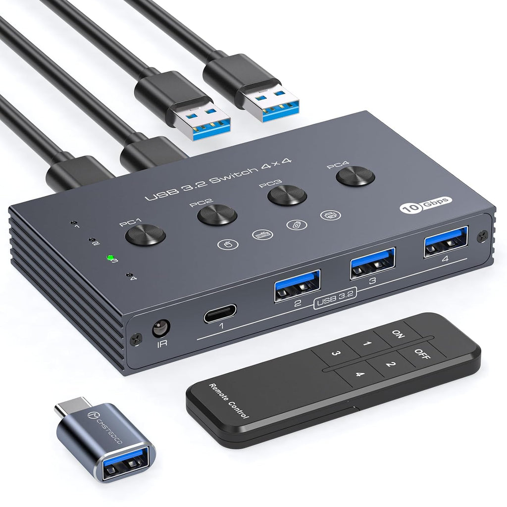 Selector de interruptor USB 3.2 4 computadoras comparten 1 USBC y 3 dispositivos USBA 10Gbps interruptor USB de 4 puertos para compartir teclado, ratón, impresora, escáner con cable, control remoto y