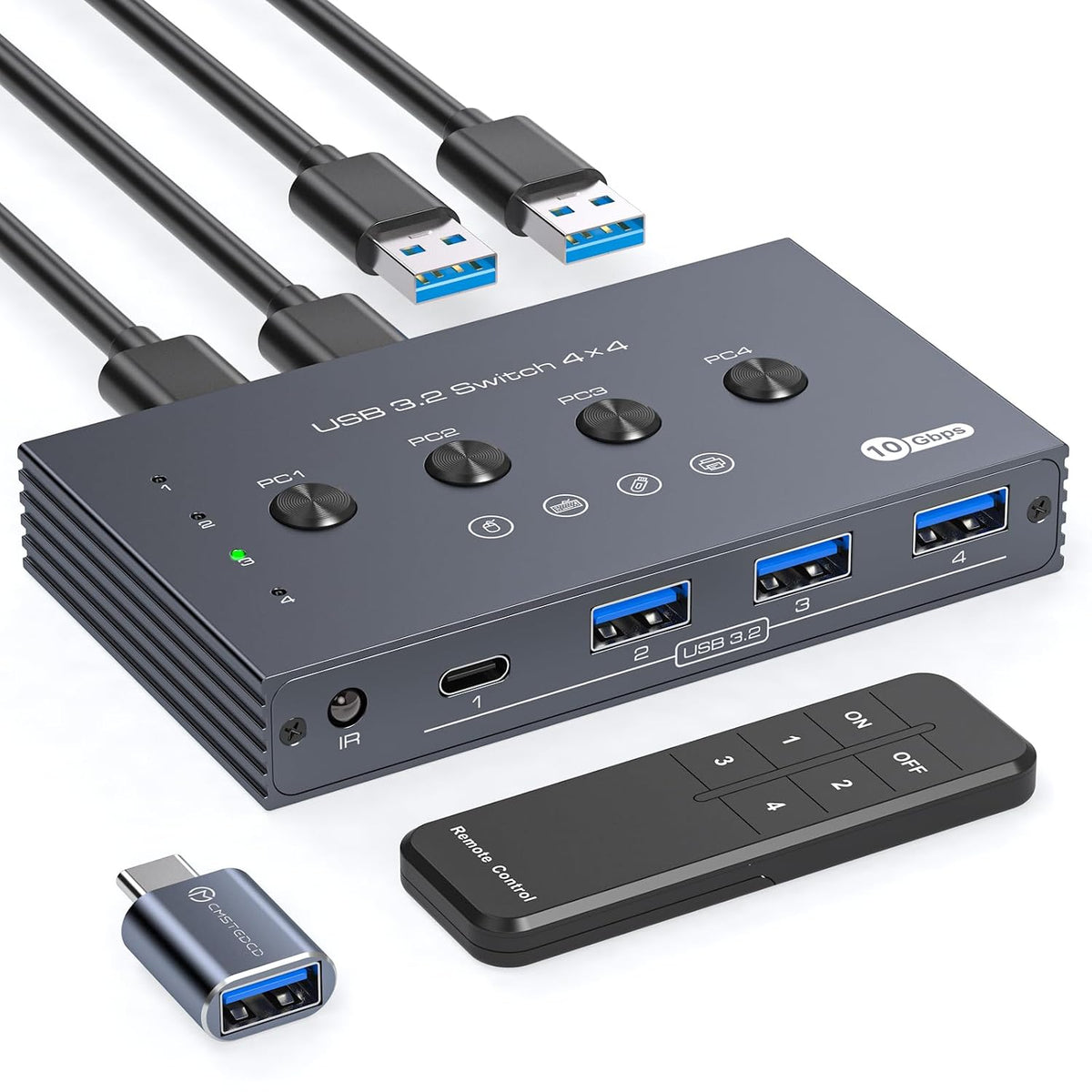 Selector de interruptor USB 3.2 4 computadoras comparten 1 USBC y 3 dispositivos USBA 10Gbps interruptor USB de 4 puertos para compartir teclado, ratón, impresora, escáner con cable, control remoto y