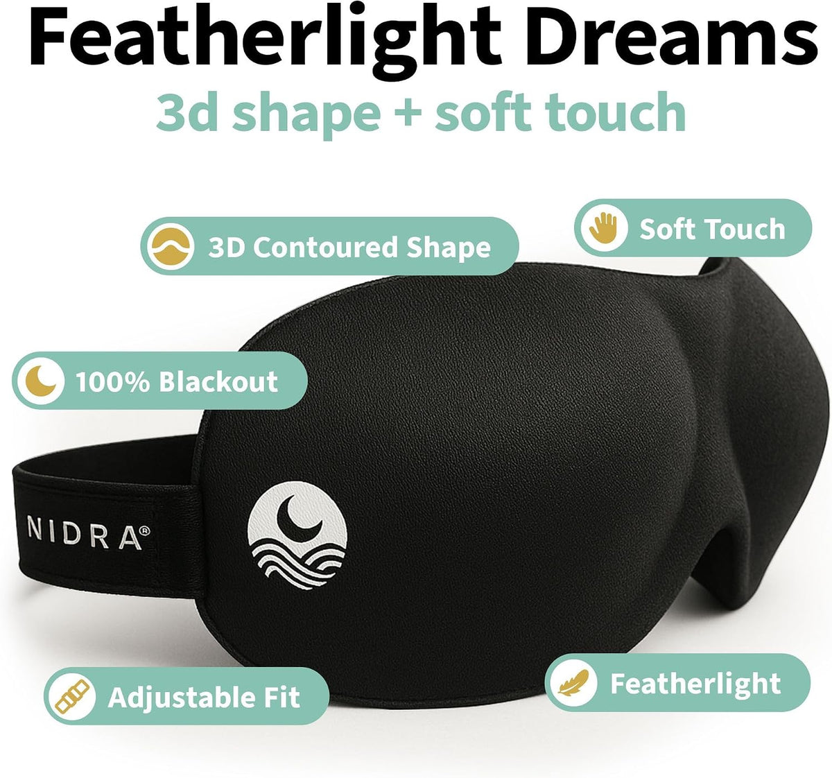 Máscara de dormir de lujo Nidra® patentado profundo sueño máscara para ojos con forma contorneada y ajustable correa cabeza, descanso, dormir en cualquier momento y lugar, Negro, 1