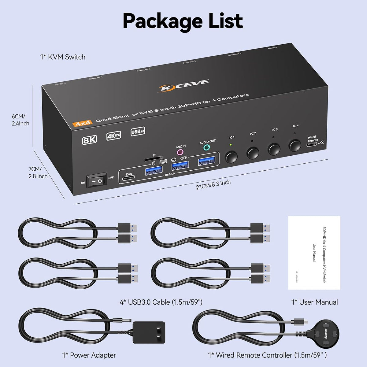 Conmutador KVM de 4 monitores para 4 computadoras HDMI + DisplayPort, conmutador KVM KCEVE DP con conector de audio, 8K @30Hz/4K @144Hz para 4 PC, comparte 4 displays y 4 dispositivos USB 3.0