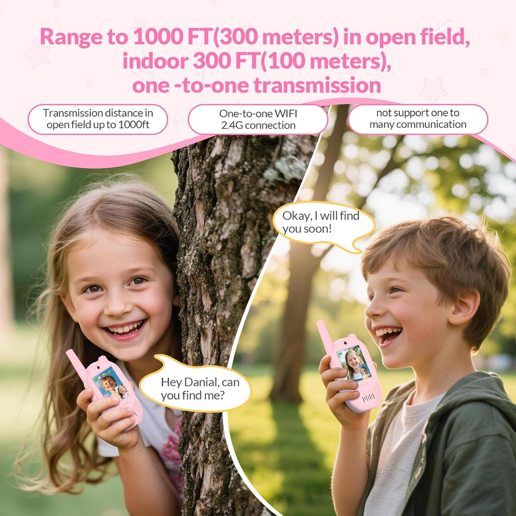 Mafiti Walkie Talkies de video para niños, paquete de 2 juguetes recargables de alcance de 1000 pies para niños de 3, 4, 5, 6, 7, 8 años, regalos de cumpleaños (rosa + rosa)