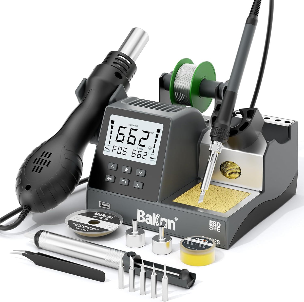 BK602S - Estación de retrabajo de aire caliente 2 en 1, kit de soldador digital para trabajos de circuito electrónico de bricolaje, estación de soldadura de calentamiento rápido, suspensión automática, conversión de ºC/ºF