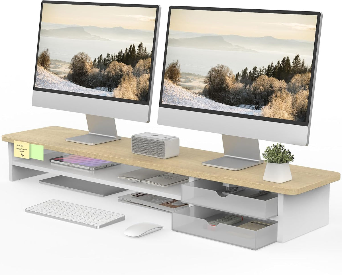 Fenge Soporte para Monitor, Elevador de Monitor Dual, Soporte Elevador para Monitor de Computadora de Escritorio Grande de 42.5 pulgadas con Cajón, Organizador de Escritorio de Madera y Acrílico de 2