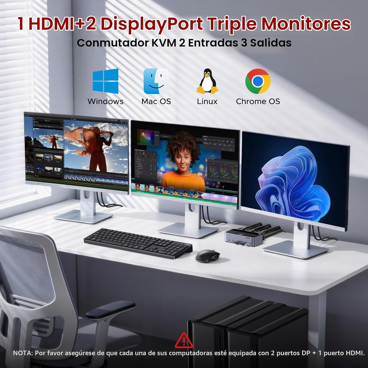 UGREEN 8K@60Hz HDMI Displayport KVM Switch 3 monitores 2 ordenadore...