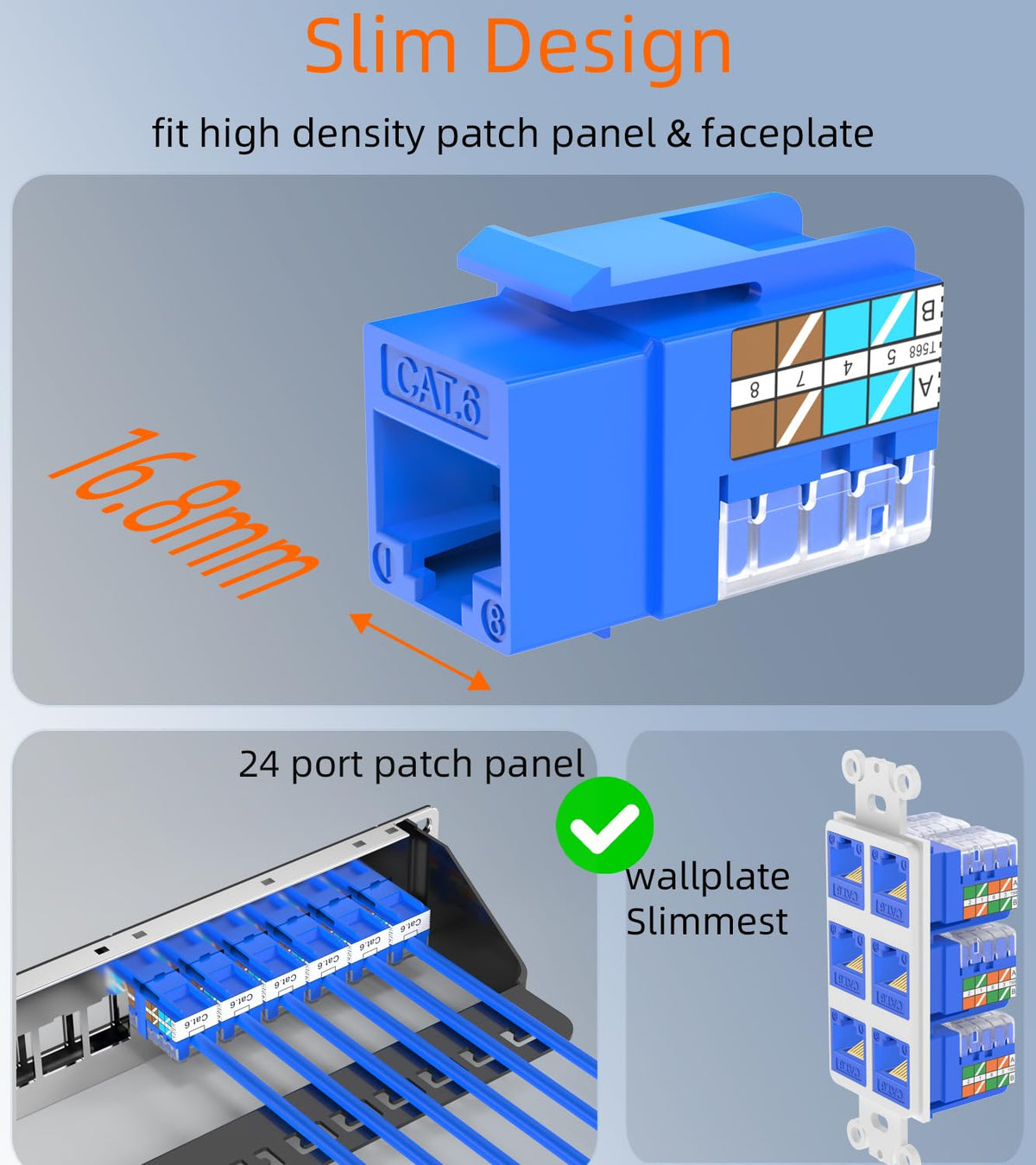 Rapink Soporte de conector Keystone RJ45 Cat6 10G, conectores Keystone Cat6 UTP 100 unidades para placa de pared y panel de conexiones, Rj45 Keystone 90 grados color azul para cableado Cat 6, Cat5e