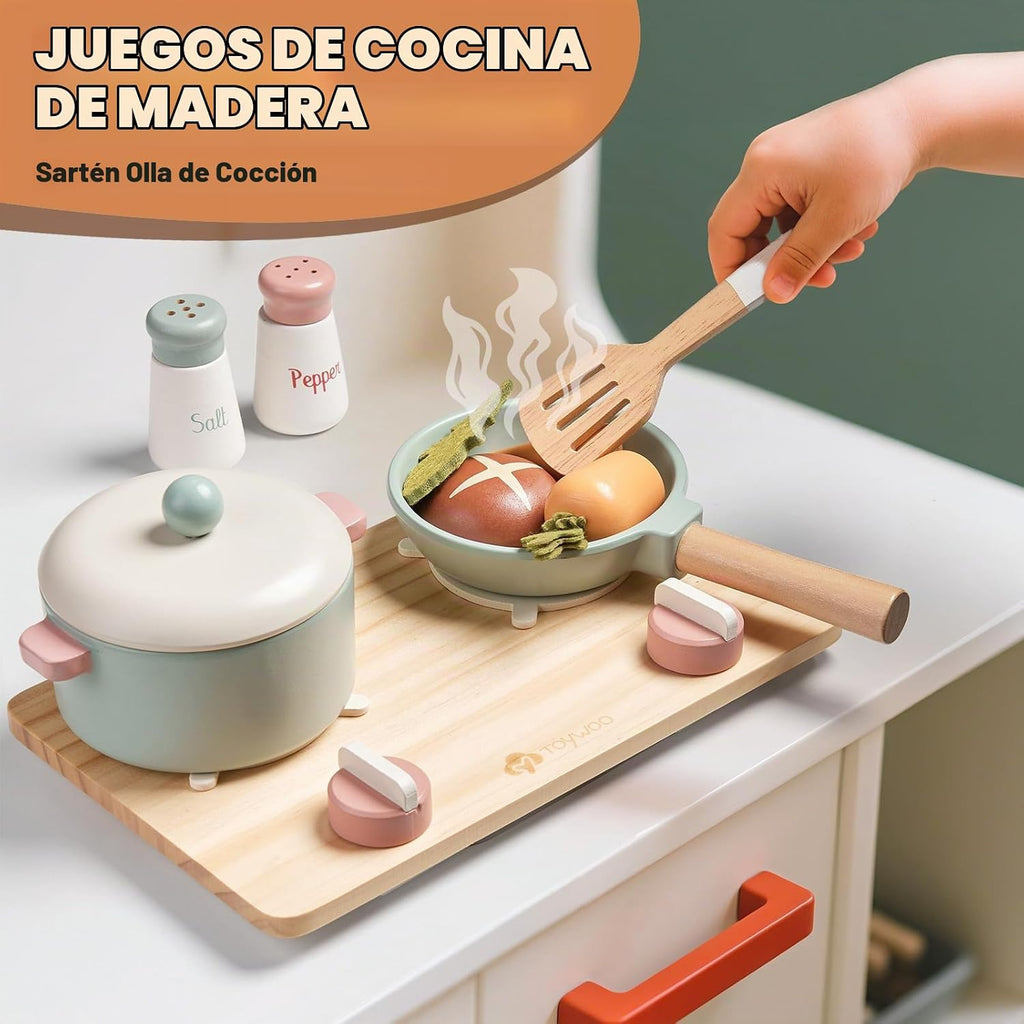 Accesorios de cocina de juguete de madera, juegos de ollas y sartenes de simulación para juego de cocina de niños con estufa de juguete, juegos de cocina para niños pequeños, juguetes de alimentos