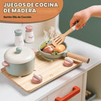 Accesorios de cocina de juguete de madera, juegos de ollas y sartenes de simulación para juego de cocina de niños con estufa de juguete, juegos de cocina para niños pequeños, juguetes de alimentos