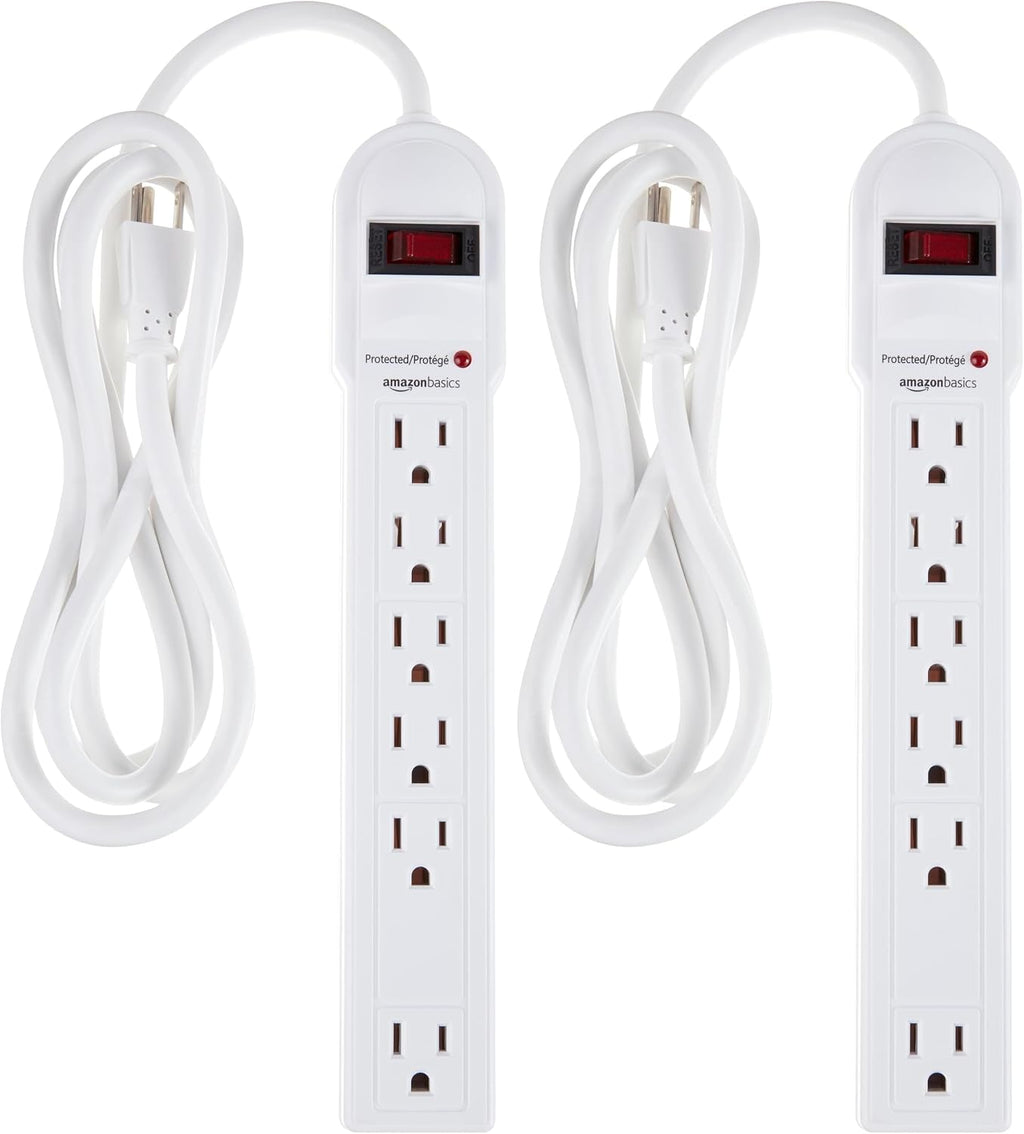 Lámpara Amazon Basics Regleta protectora de sobretensiones, 6 tomas, 790 julios, interruptor de circuito, indicador LED, cable de extensión de 6 pies, color blanco (paquete de 2)