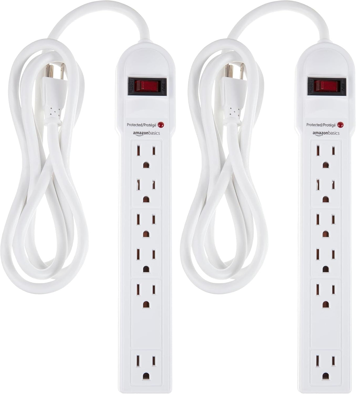 Lámpara Amazon Basics Regleta protectora de sobretensiones, 6 tomas, 790 julios, interruptor de circuito, indicador LED, cable de extensión de 6 pies, color blanco (paquete de 2)