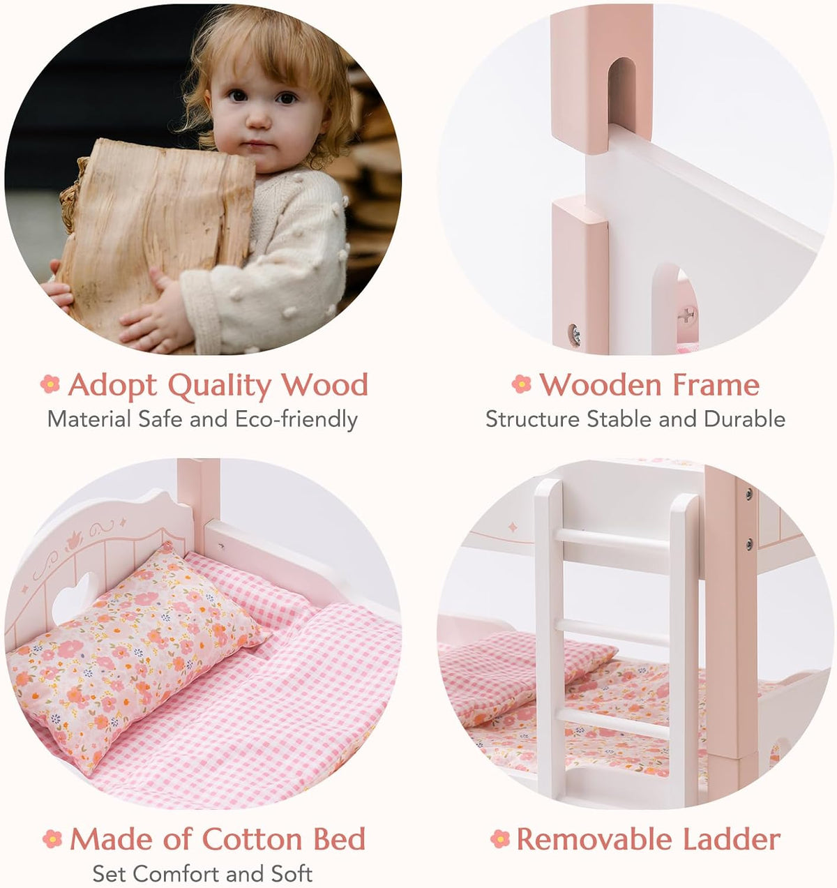 ROBUD Cuna para muñeca bebé, camas de madera para muñecas bebé de 20 pulgadas, literas para muñecas bebé con tul, cama para muñeca American Girl para regalos, rosa