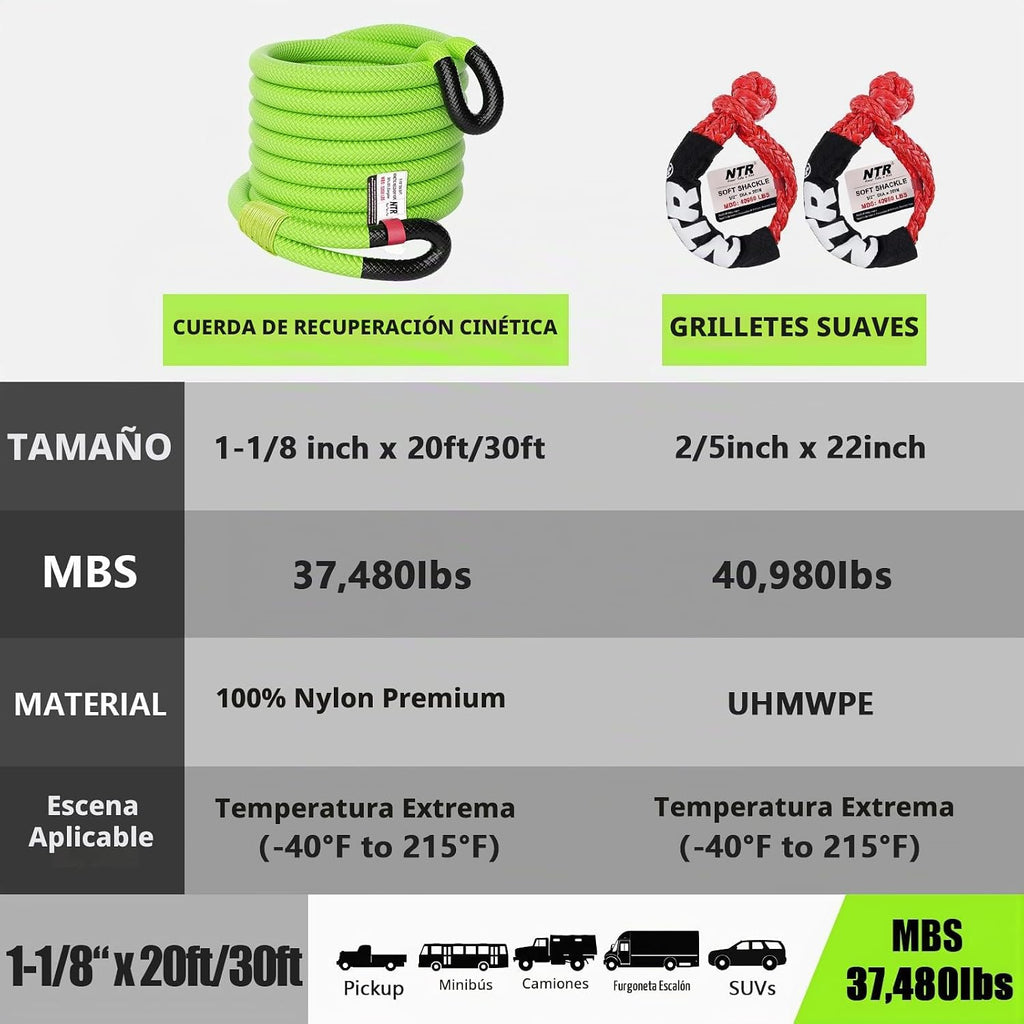 Cuerda de remolque de recuperación cinética de 1-1/8 pulgadas x 30 pies (37,480 libras), con 2 grilletes suaves UHMWPE (40,980 libras), correa de tracción todoterreno resistente, kit de